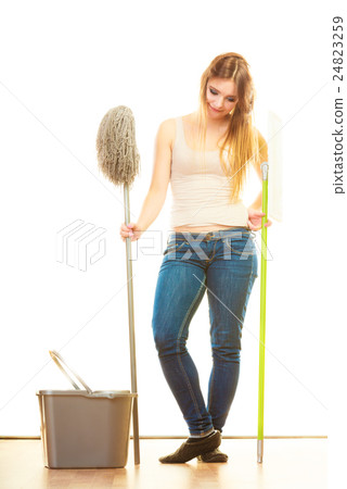 Tired cleaning woman mopping floor 24823259