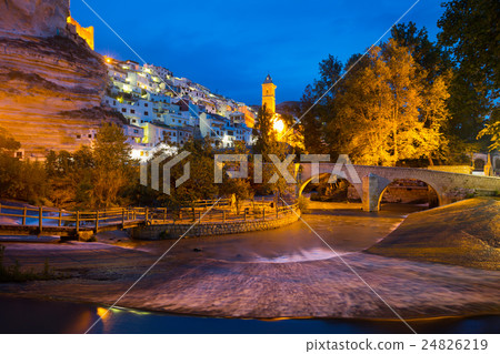 night view of Alcala del Jucar with bridge night view of Alcala del Jucar with bridge 24826219