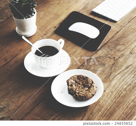 Coffee Cookie Plant Wooden Start Up Breakfast Concept Coffee Cookie Plant Wooden Start Up Breakfast Concept 24835652