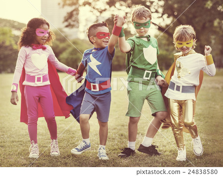 Superheroes Kids Friends Playing Togetherness Fun Concept Superheroes Kids Friends Playing Togetherness Fun Concept 24838580