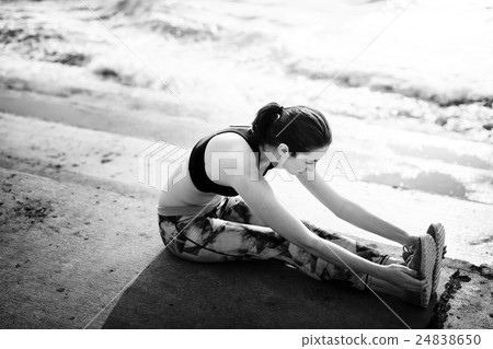 Stretching Exercise Training Healthy Lifestyle Beach Concept Stretching Exercise Training Healthy Lifestyle Beach Concept 24838650