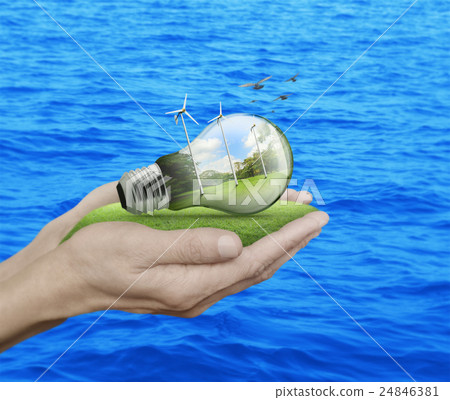 Light bulb with wind turbines and forest inside Light bulb with wind turbines and forest inside 24846381