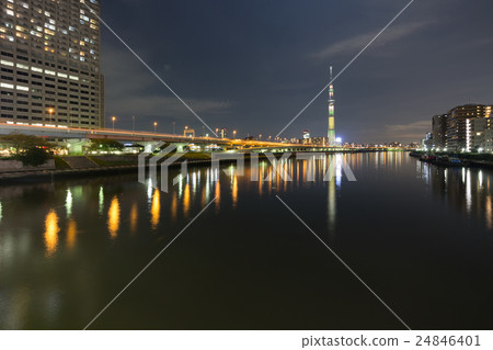 The night sky of the capital high speed No. 6 Mukojima line running along the Sumida River and the Tokyo Sky Tree of the lighting that imaged the Brazilian flag The night sky of the capital high speed No. 6 Mukojima line running along the Sumida River and the Tokyo Sky Tree of the lighting that imaged the Brazilian flag 24846401
