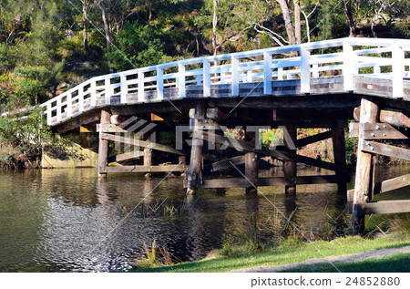 Rustic wooden bridge over river in forest Rustic wooden bridge over river in forest 24852880