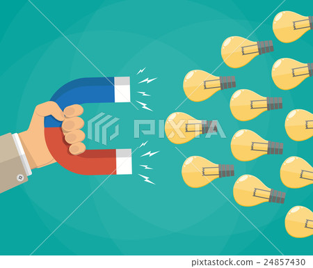 Hand with magnet attracting light bulbs idea 24857430