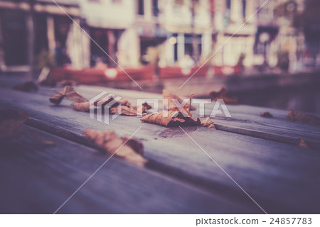 Fallen autumn leaves on a wooden table 24857783