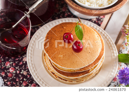 pancakes with cherry flowers still life summer 24861870
