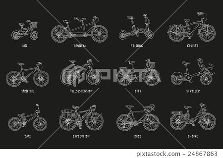 Big hand drawn set of different bicycles.  24867863