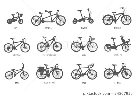 Big hand drawn set of different bicycles. Big hand drawn set of different bicycles. 24867933