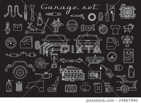 Garage. Vector car parts set outline details. - Stock Illustration ...