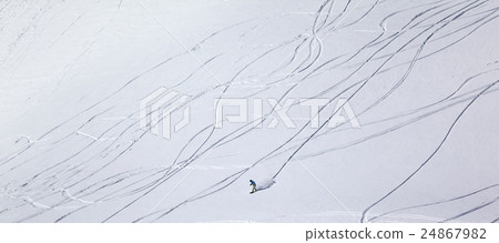 Panoramic view on snowboarder downhill Panoramic view on snowboarder downhill 24867982