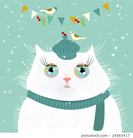 Cute big cat and little birds, Christmas vector Cute big cat and little birds, Christmas vector 24868417