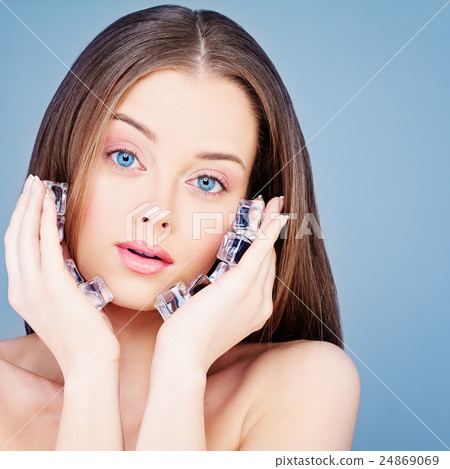 Woman with Clear Skin and Ice Cubes. Skincare Woman with Clear Skin and Ice Cubes. Skincare 24869069