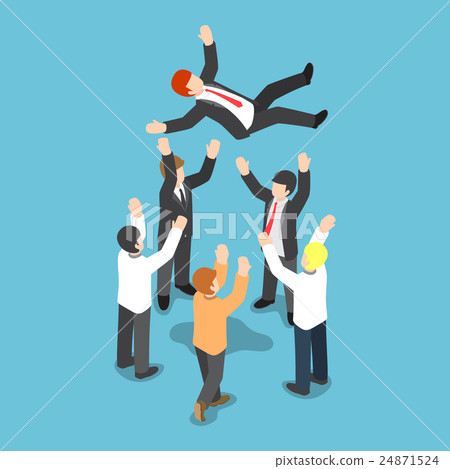 Businessman being throw up in the air by his team 24871524