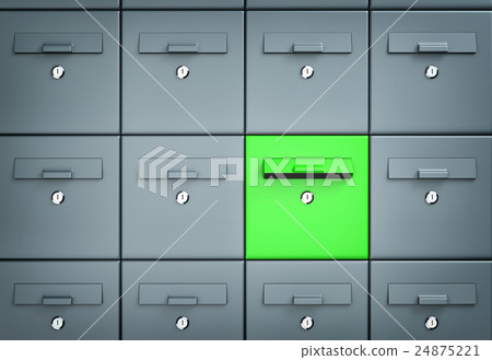 Many mailboxes one of which is green 24875221