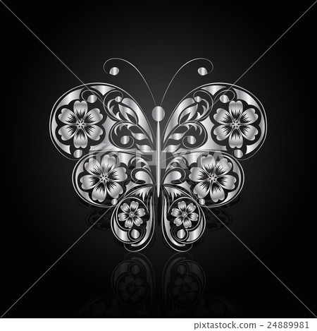 Silver butterfly with floral pattern. Silver butterfly with floral pattern. 24889981