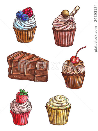 Chocolate cake, cupcake sketches with cream, fruit 24893124