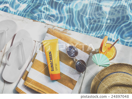 Summer Pool Sunglasses Sunscreen Chill Hat Concept 24897048