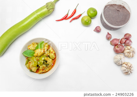 Stir fish ball with spicy herbs on background 24903226