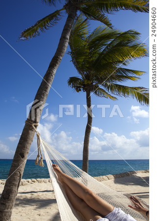 female legs in a hammock on background of ocean an female legs in a hammock on background of ocean an 24904660