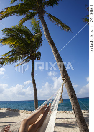 female legs in a hammock on background of ocean an female legs in a hammock on background of ocean an 24904661