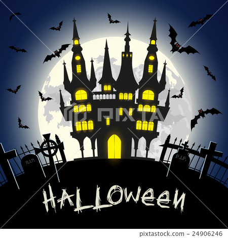 Halloween illustration with castle, tomb and bats 24906246
