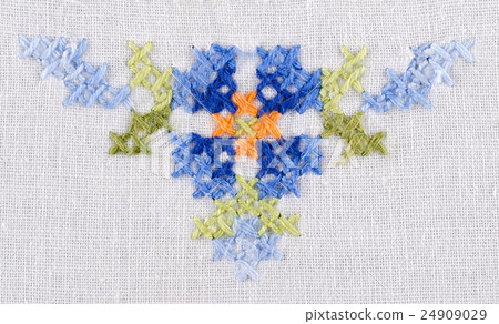 Blue flower tringle motiv hand embroidery on white Blue flower tringle motiv hand embroidery on white 24909029