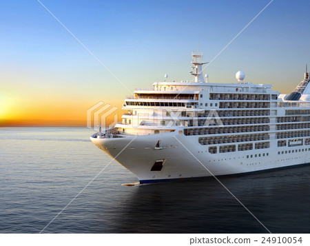 Luxury cruise ship sailing from port on sunset Luxury cruise ship sailing from port on sunset 24910054