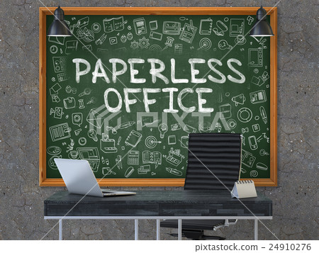 Paperless Office on Chalkboard with Doodle Icons 24910276