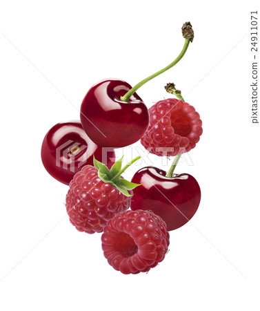 Cherry raspberry falling isolated on white  24911071