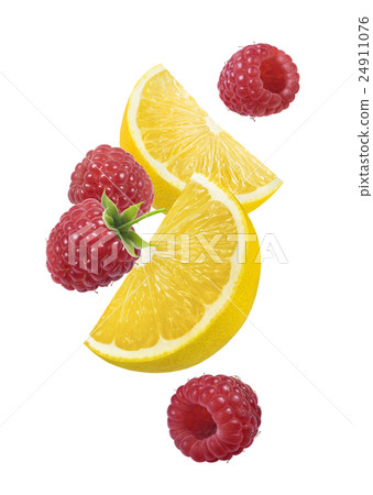 Lemon raspberry falling vertical isolated Lemon raspberry falling vertical isolated 24911076