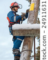 Electrician working on a power line pole 24911631