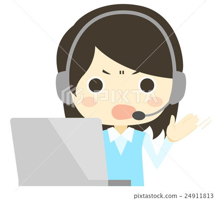 An angry face female operator explaining while operating a computer An angry face female operator explaining while operating a computer 24911813
