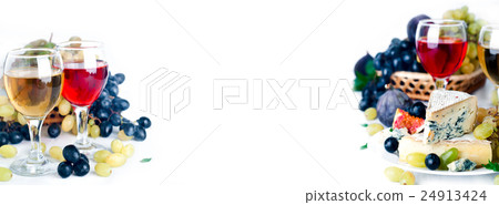 Wine, grape and cheese over white Wine, grape and cheese over white 24913424