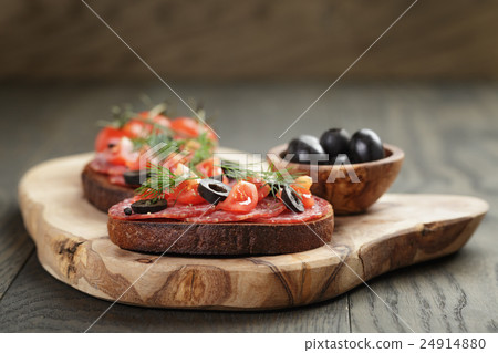 open rye sandwich with salami and vegetables open rye sandwich with salami and vegetables 24914880