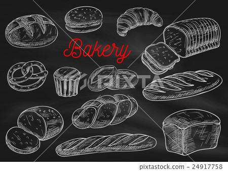 Bakery products chalk sketches on blackboard Bakery products chalk sketches on blackboard 24917758