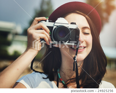 Female Photographer Smiling Vintage Camera Concept 24925256