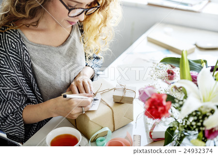Female Writing Thankyou Card Present Concept Female Writing Thankyou Card Present Concept 24932374