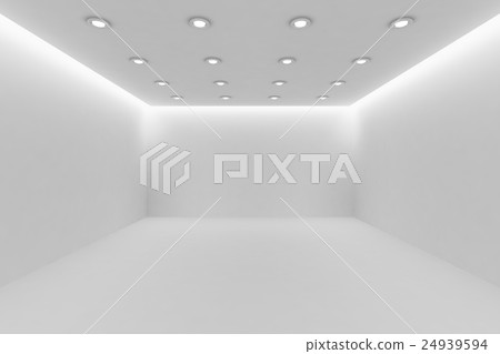 Empty white room with small round ceiling lamps Empty white room with small round ceiling lamps 24939594