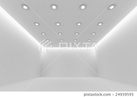 Empty white room with small round ceiling lamps Empty white room with small round ceiling lamps 24939595