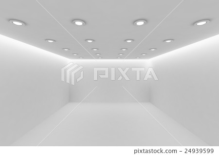 Empty white room with small round ceiling lamps Empty white room with small round ceiling lamps 24939599