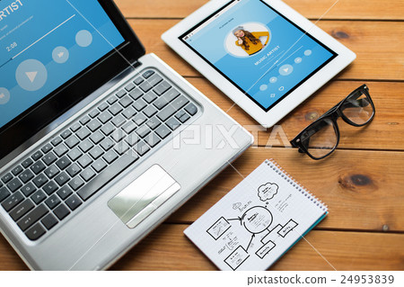 close up of on laptop, tablet pc and notebook close up of on laptop, tablet pc and notebook 24953839