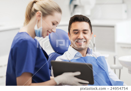 female dentist with tablet pc and male patient 24954754
