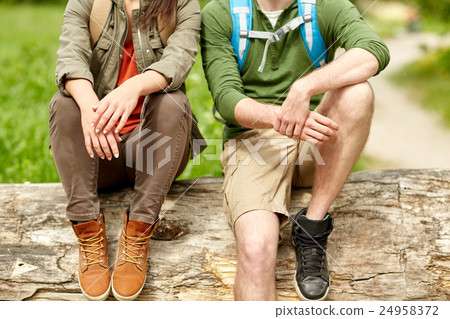 close up of couple resting on tree trunk outdoors 24958372