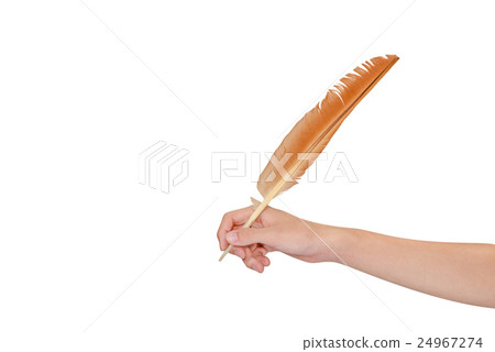 Hand holding white feather pen over on white Hand holding white feather pen over on white 24967274