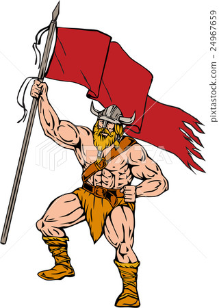 Viking Warrior Brandishing Red Flag Retro 24967659