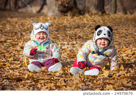 The two little baby girls sitting in autumn leaves 24970670