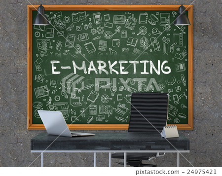 E-Marketing on Chalkboard with Doodle Icons. 3D. E-Marketing on Chalkboard with Doodle Icons. 3D. 24975421
