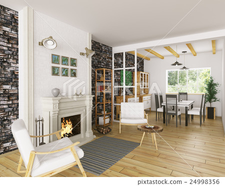 Interior of living room with fireplace 3d render - Stock Illustration ...