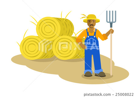 Black farmer man standing with pitchfork 25008022